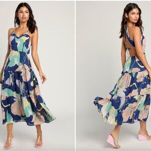 Lulus Hours of Flowers Blue Multi Floral Lace-Up Tiered Midi Dress